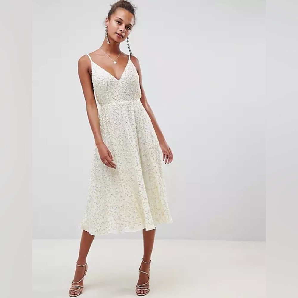 ASOS DESIGN delicate sequin midi plunge dress with fu skirt